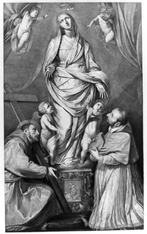 San Francesco d'Assisi e San Carlo Borromeo venerano la statua della Madonna con angeli - stampa